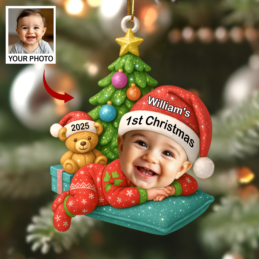 Personalized Baby’s First Christmas Ornament 2025 – Custom Photo Ornament with Name, Cute Baby & Teddy Design Ornament