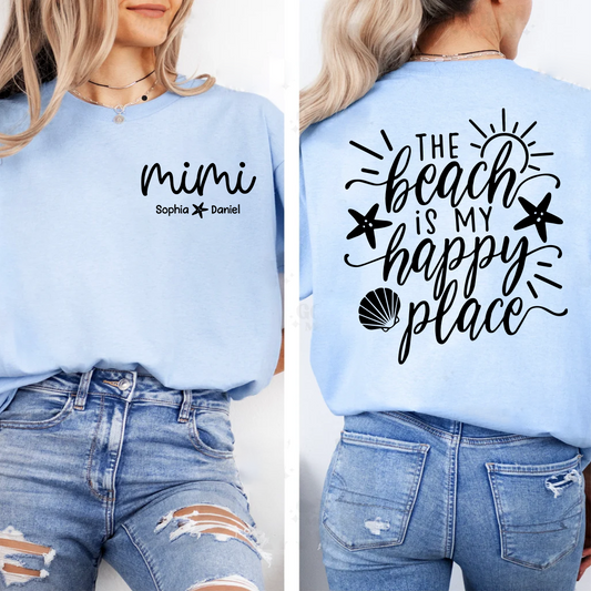 Personalized Mimi The Beach Is My Happy Place Shirt, Custom Grandkids Names T-Shirt, Beach Lover Grandma Gift, Summer Vacation Tee