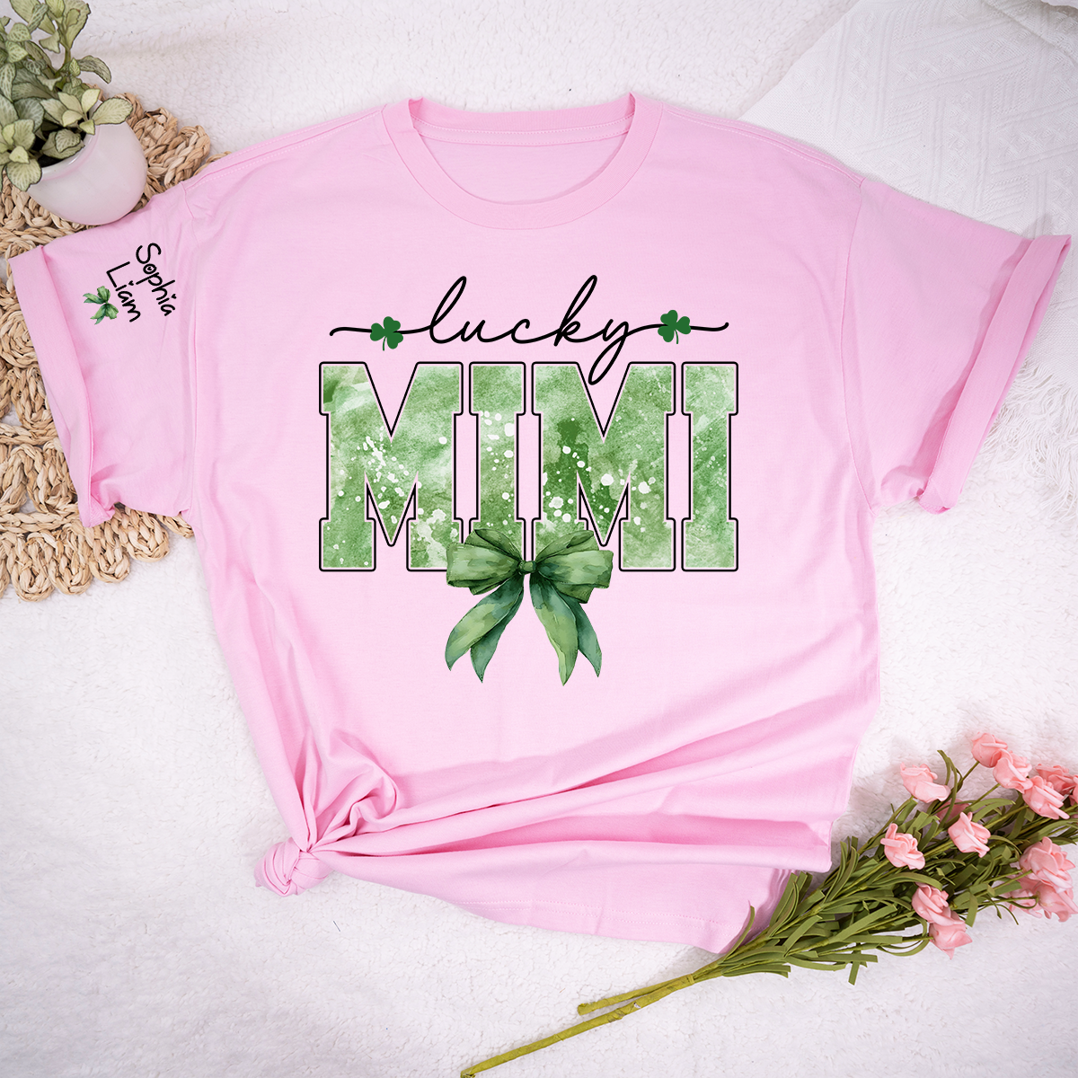 Lucky Mimi Shirt for St Patrick’s Day, Custom Name Grandma T Shirt with Shamrocks, Personalized Mimi Family Shirt