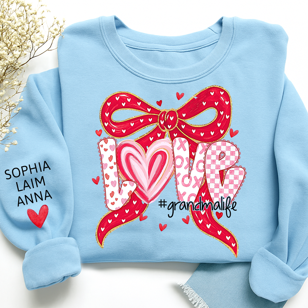 Custom Grandma Life Love Sweatshirt, Heart Bow Valentine Gift