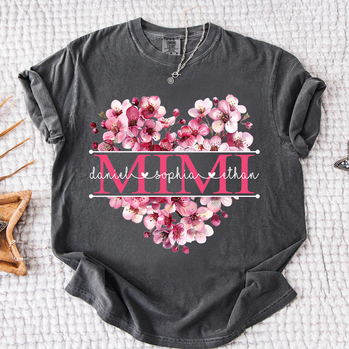 Comfort Mimi Floral Heart Shirt, Custom Family Names Pink Flower Design T Shirt