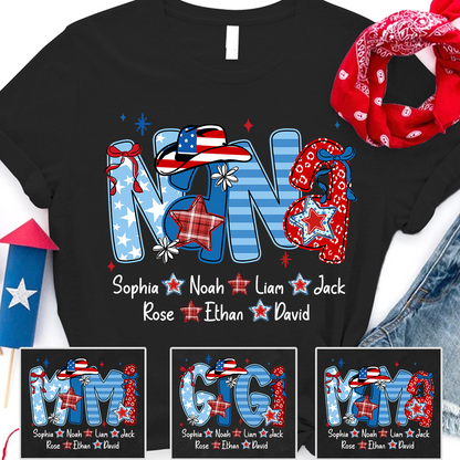 Custom Nana 4th July Independence Day American Flag T-Shirt For Grandma, Personalized Gift For Grandma And Kids