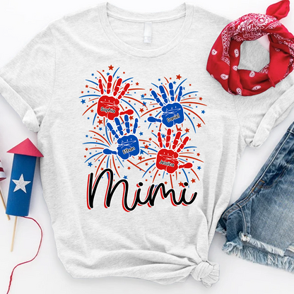 Personalized Mimi Shirt with Handprints, Custom Grandkids Names and Fireworks Design, Perfect Gift for Mimi