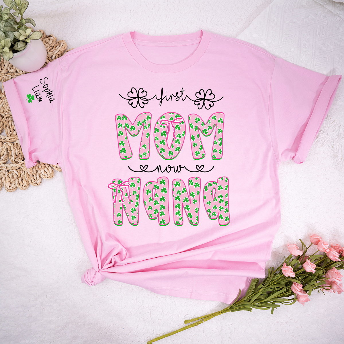 Personalized St Patrick’s Day Grandma Shirt with Kids Names, Shamrock Family Shirt, Custom Nana Mimi Mom Clover T Shirt