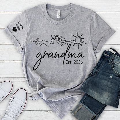 Personalized Grandma Nature Shirt, Sea Turtle Botanical Graphic Tee, Custom Sleeve Names T Shirt, Ocean Lover Gift for Grandma