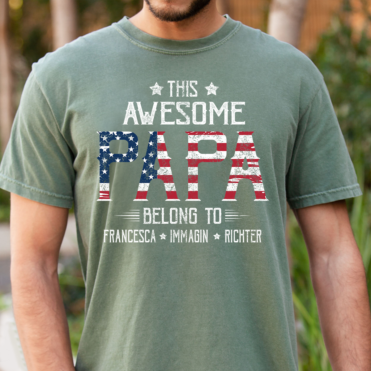 Personalized This Awesome PAPA Belongs To T Shirt, Custom Family Names with American Flag Design, Perfect Gift for Father’s Day