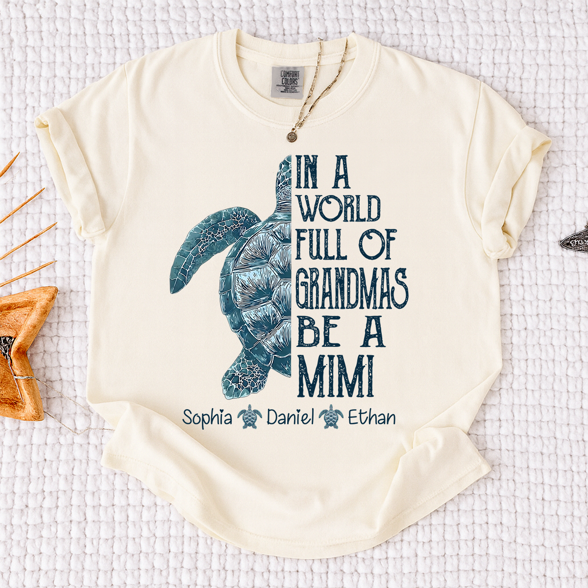 Comfort Colors Personalized Mimi Turtle Shirt, Custom Grandkids Names Sea Turtle Grandma T-Shirt, In a World Full of Grandmas Be a Mimi Gift