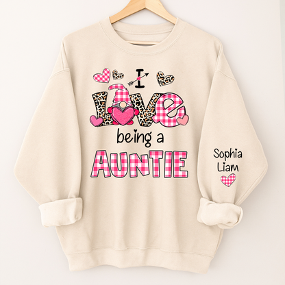 Personalized I Love Being an Auntie Sweatshirt with Kids Names, Valentine Inspired Family Clothing
