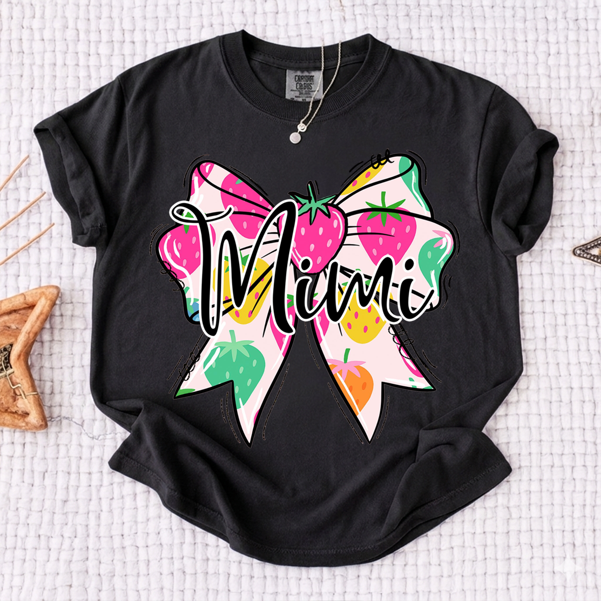 Comfort Colors® Mimi Strawberry Bow Shirt, Cute Grandma Bow Shirt for Women, Fruit Pattern Mimi Tee, Gift for Mimi And Kids