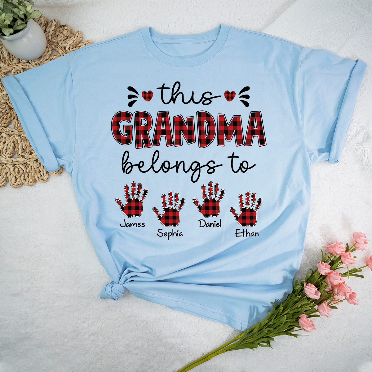This Grandma Belongs To Tee, Custom Grandma Shirt with Grandkids Names, Red Plaid Handprint Gift, Meaningful Family Apparel