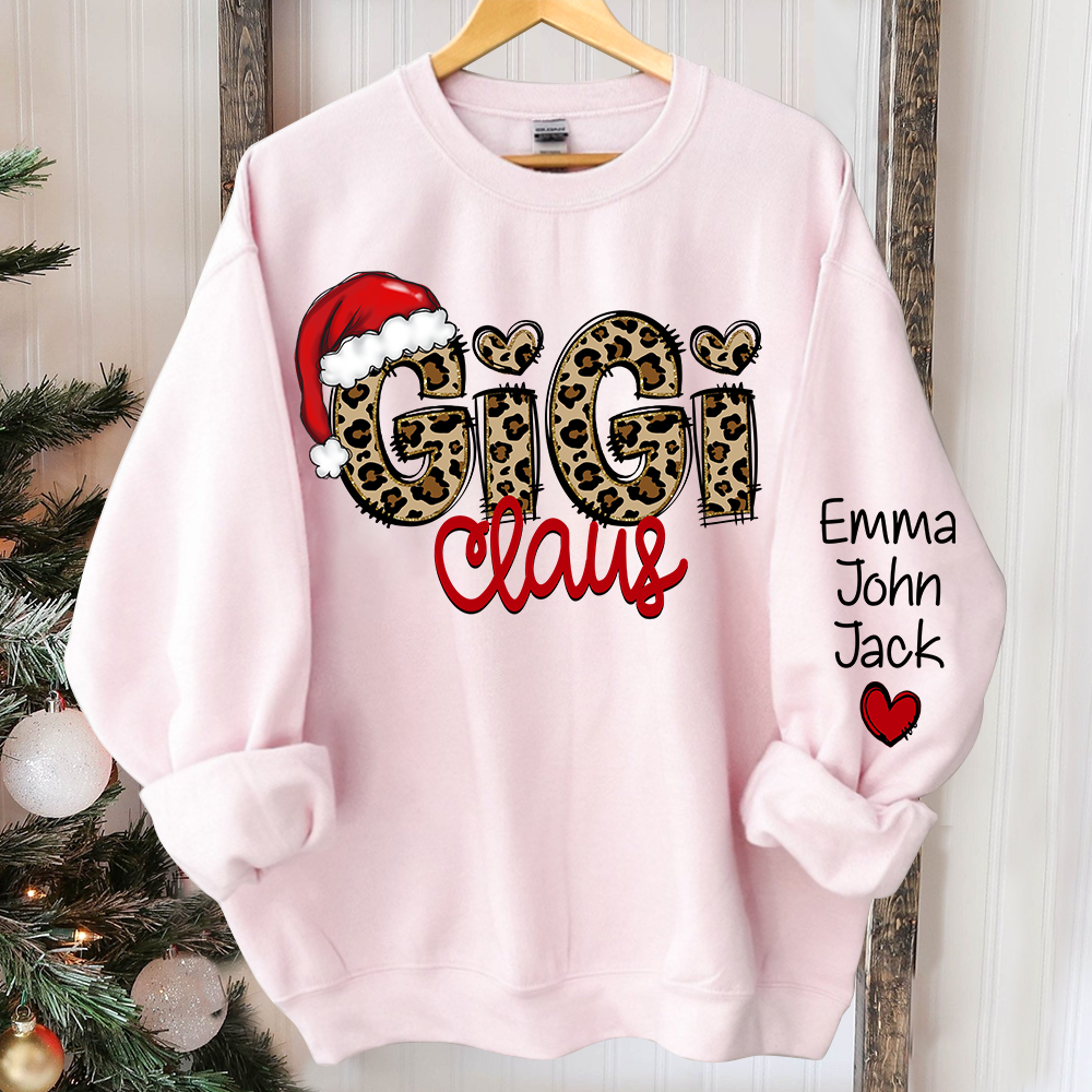 Personalized Gigi Claus Leopard Sweatshirt, Custom Grandma and Grandkids Sweatshirt