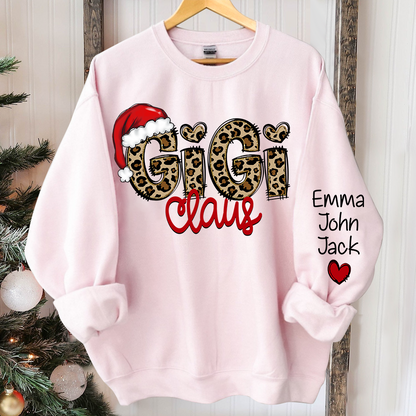 Personalized Gigi Claus Leopard Sweatshirt, Custom Grandma and Grandkids Sweatshirt