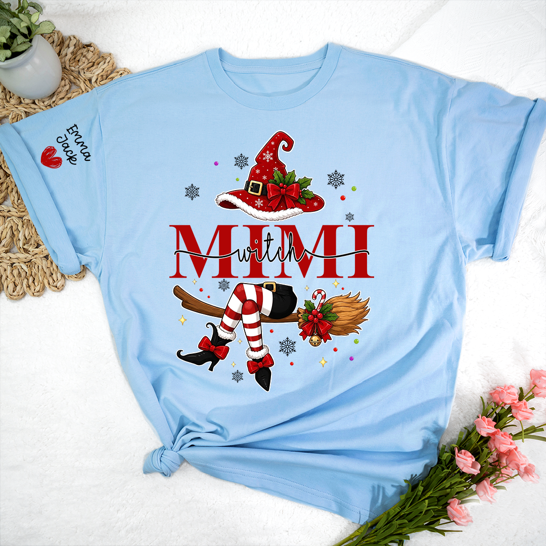 Mimi Christmas Shirt for Women, Cute Holiday Santa Witch Design Tee, Personalized Grandma Family Gift T Shirt