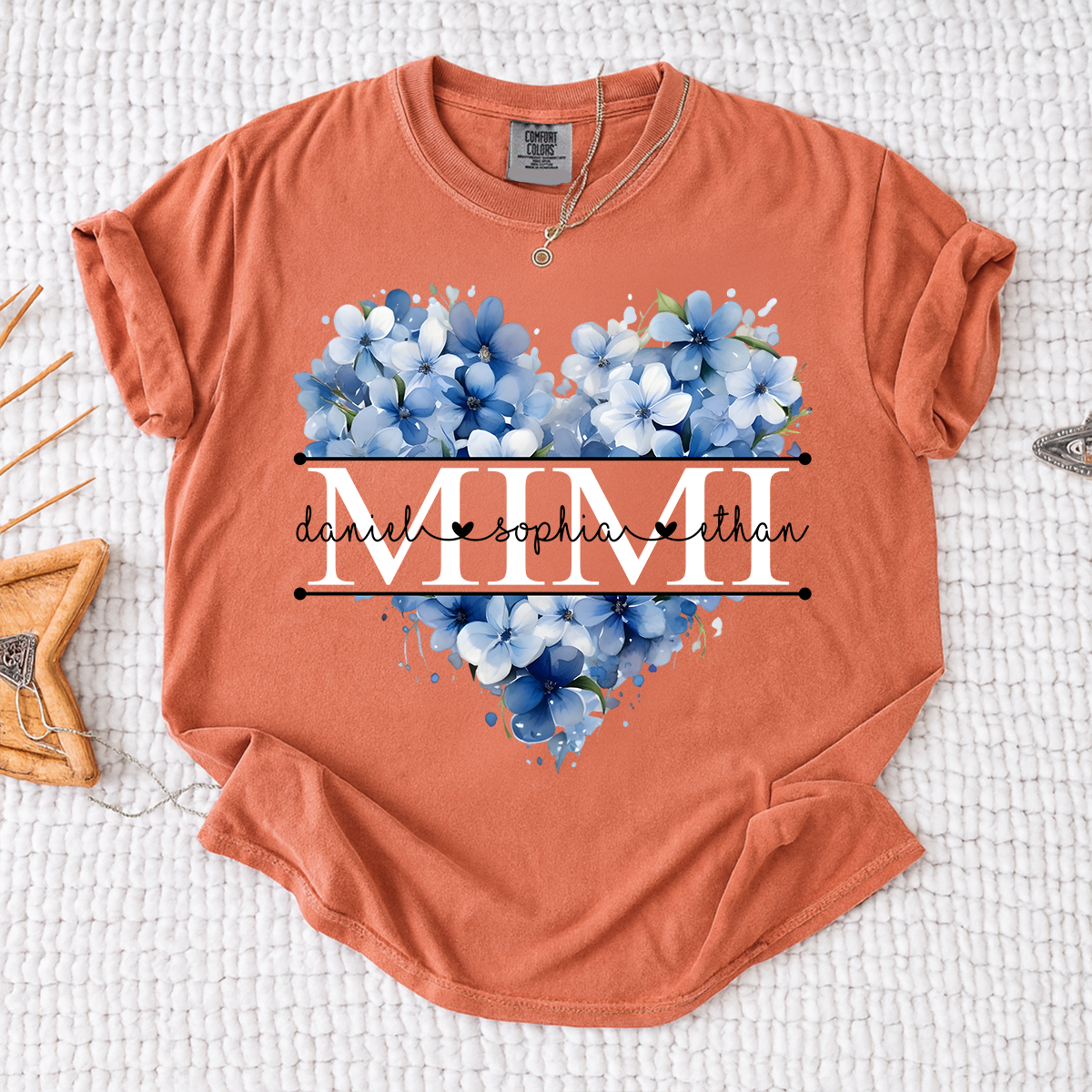 Comfort Colors Personalized Mimi Shirt with Blue Floral Heart Design, Custom Grandma Gift with Grandkids Name