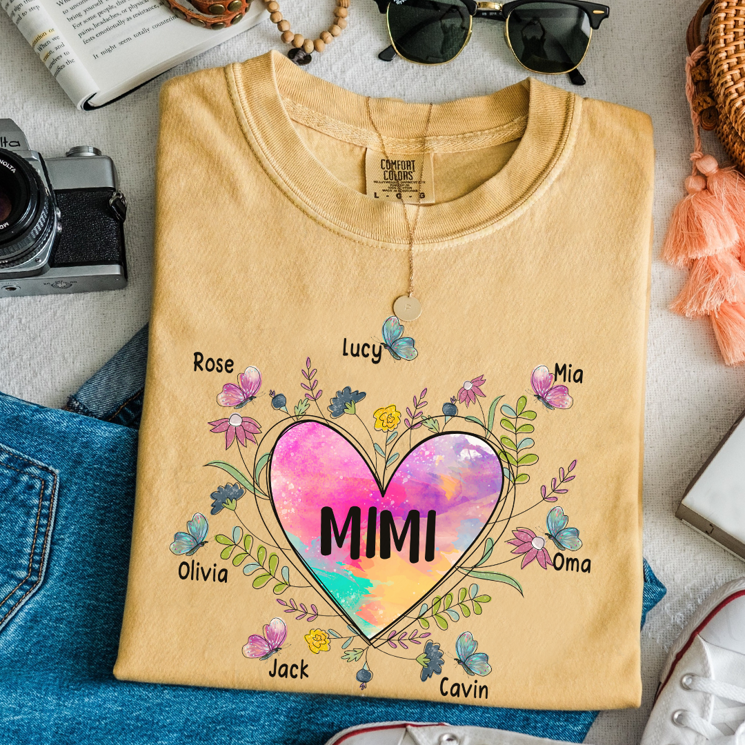 Comfort Colors® Personalize Mimi Flower Heart Shirt, Custom Grandma And Grandkids Shirt, Gifts For Grandma Shirt