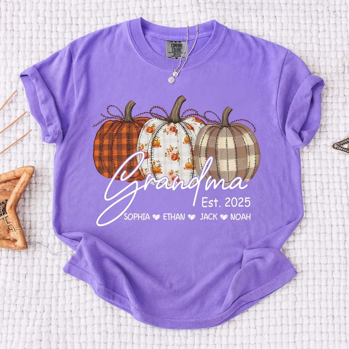 Comfort Colors® Personalized Grandma Pumpkin Tee, Custom Fall Shirt with Grandkids Names
