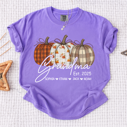 Comfort Colors® Personalized Grandma Pumpkin Tee, Custom Fall Shirt with Grandkids Names