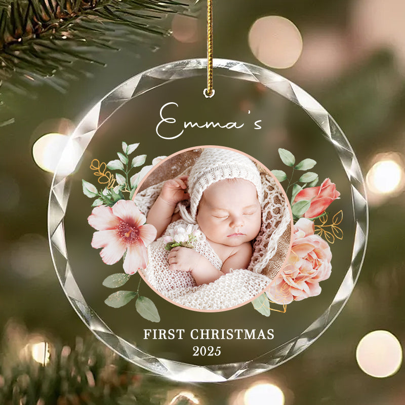 Custom Baby’s First Christmas Photo Ornament 2025 – Personalized Glass Keepsake, Floral Holiday Gift for Family & Loved Ones Round Glass Ornament