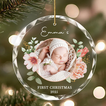 Custom Baby’s First Christmas Photo Ornament 2025 – Personalized Glass Keepsake, Floral Holiday Gift for Family & Loved Ones Round Glass Ornament