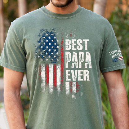 Best Papa Ever Shirt, Personalized Name Papa Tee, American Flag Design, Gift for Dad Grandpa from Kids, Custom Family Shirt
