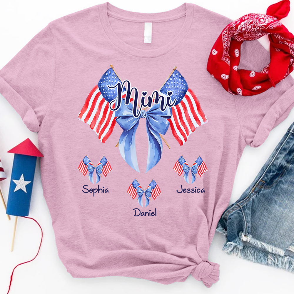 Personalized Mimi Patriotic Shirt with Kids Names, Custom Grandma American Flag Bow T Shirt for 4th of July Family Gift