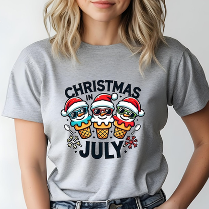 Christmas in July T-Shirt – Funny Summer Holiday Ice Cream Snowman Graphic Tee for Women