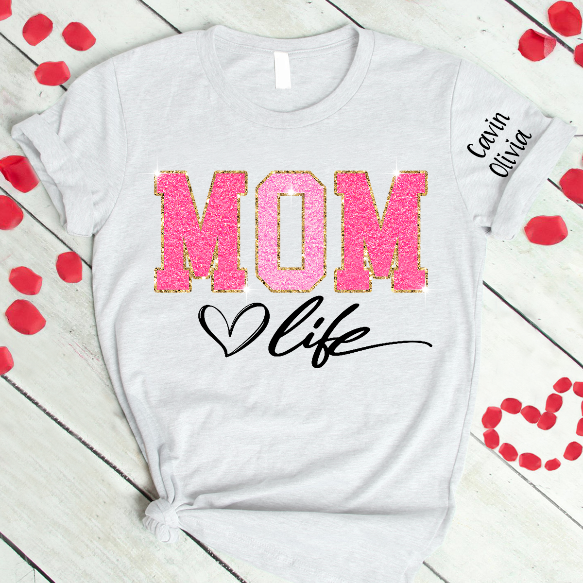 Custom Mom Life Glitter Valentine 2024 T-Shirt