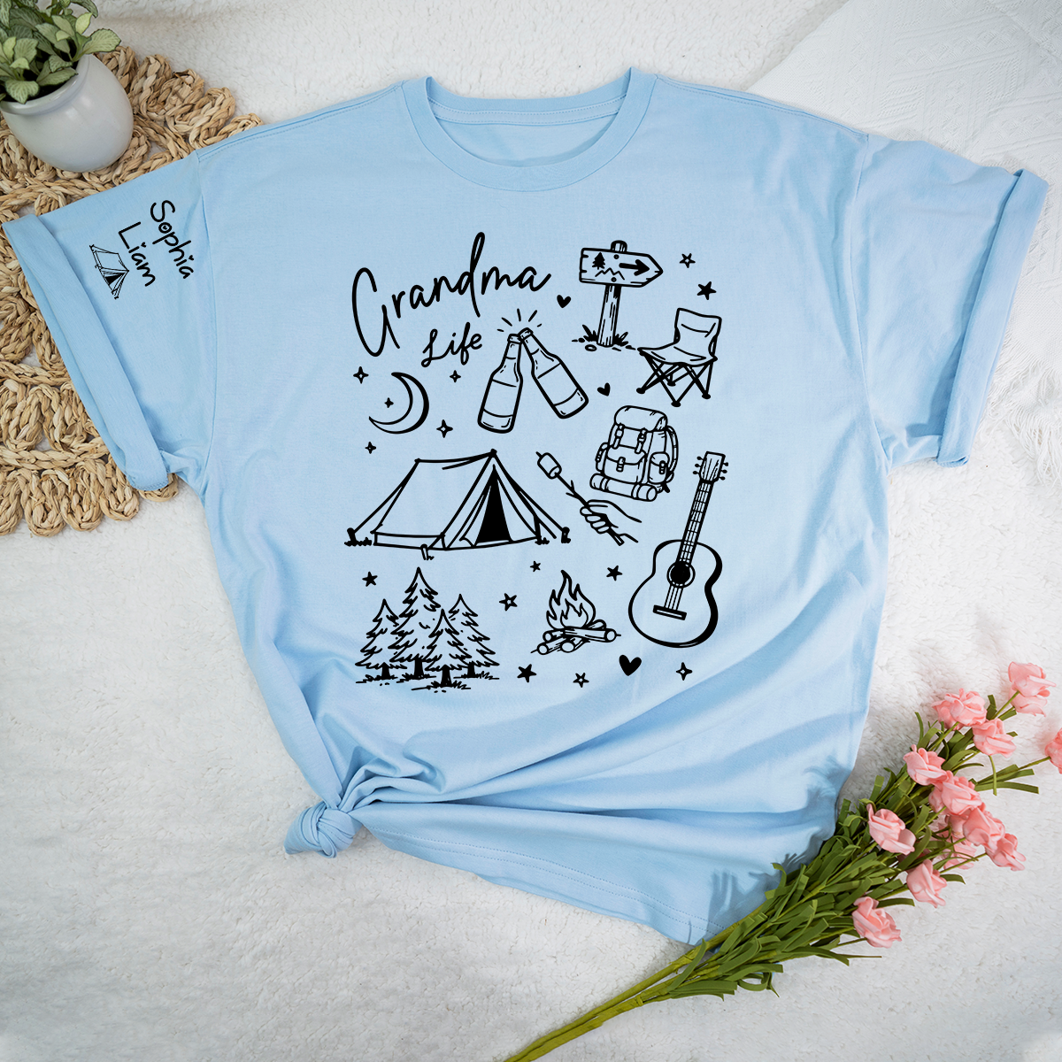 Custom Grandma Life Shirt, Camping Gear and Adventure Icons, Personalized with Name, Outdoor Fun T Shirt for Grandma