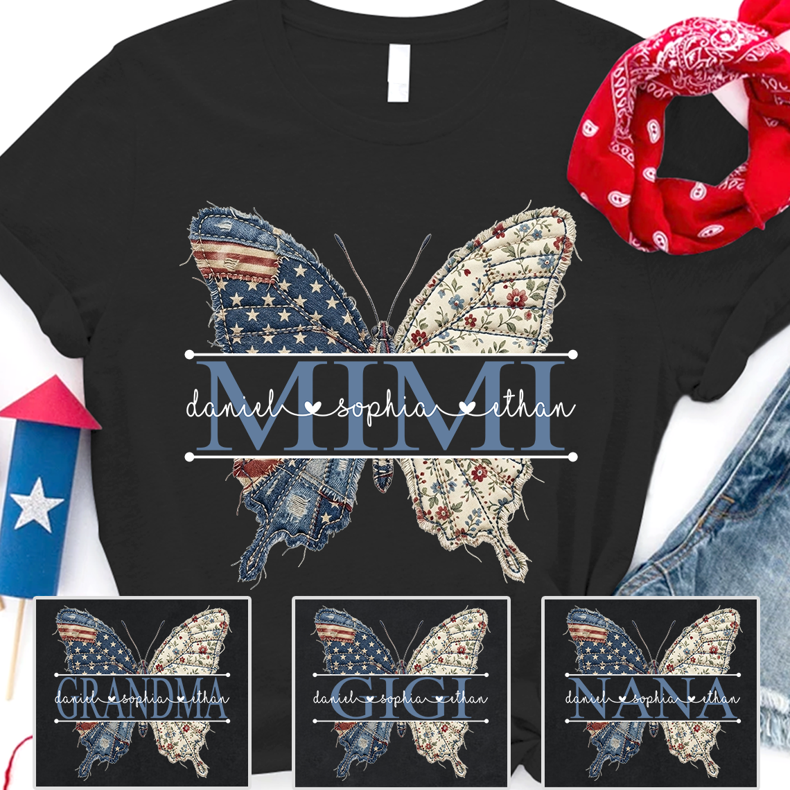 Custom Mimi Butterfly T-Shirt, Patriotic 4th of July Gift For Grandma And Kids