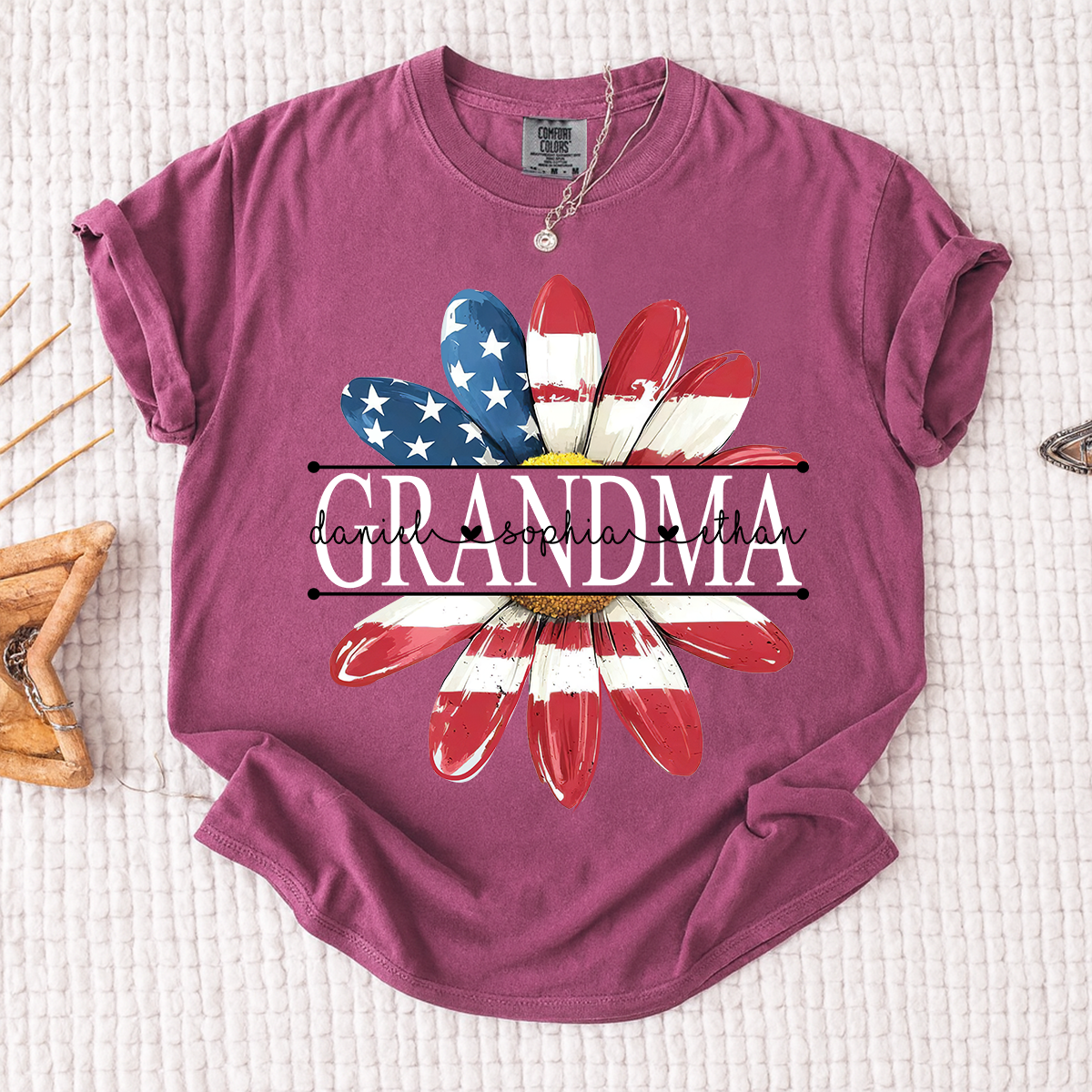 Comfort Colors Personalized Grandma Monogram Shirt, Custom Family Names Patriotic Flower T-Shirt