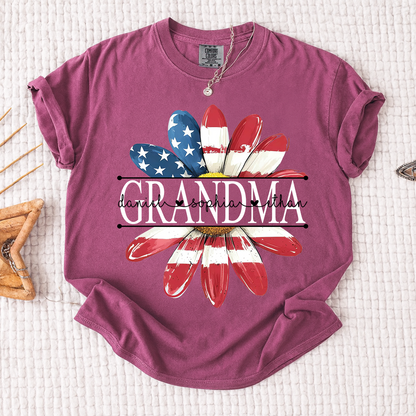 Comfort Colors Personalized Grandma Monogram Shirt, Custom Family Names Patriotic Flower T-Shirt