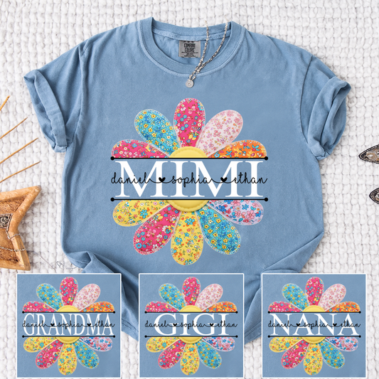 Comfort Colors Colorful Patchwork Flower Mimi T-shirt with Personalized Family Names for Grandma
