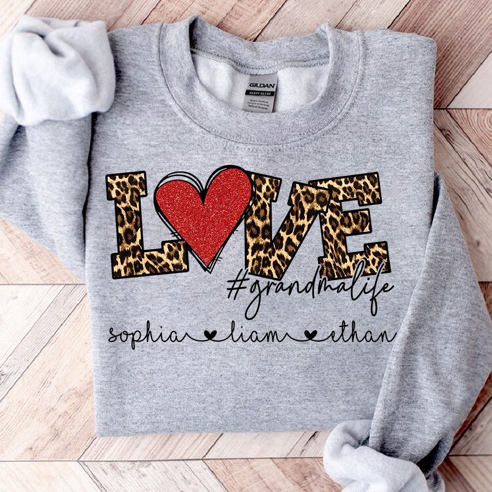 Personalized Grandma Sweatshirt with Grandkids Names, LOVE Leopard Heart Design, Grandma Life Custom Family Crewneck