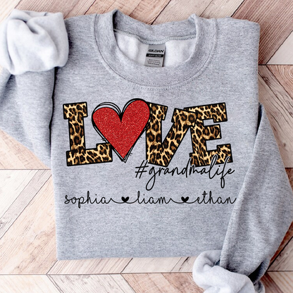 Personalized Grandma Sweatshirt with Grandkids Names, LOVE Leopard Heart Design, Grandma Life Custom Family Crewneck