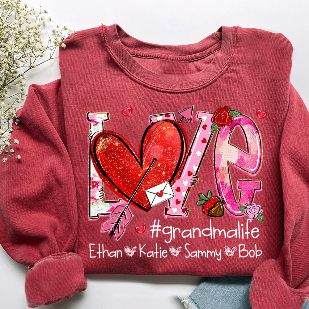 Custom Grandma Life Love Sweatshirt, Heart Patchwork Valentine Gift For Grandma And Kids