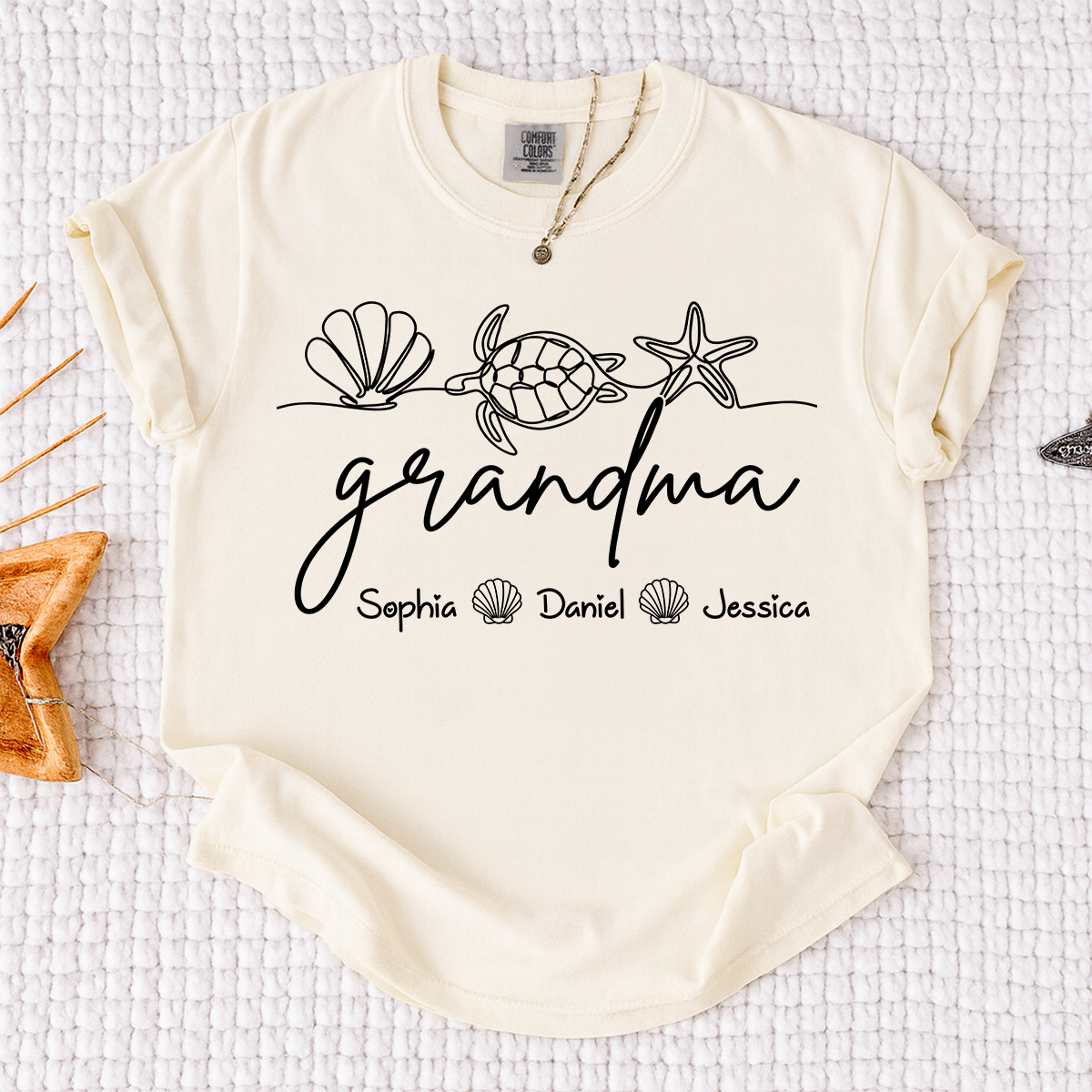 Comfort Colors Personalized Grandma Beach Shirt with Kids Names, Sea Turtle Shell Starfish Graphic Tee, Custom Grandma Summer Vacation Shirt