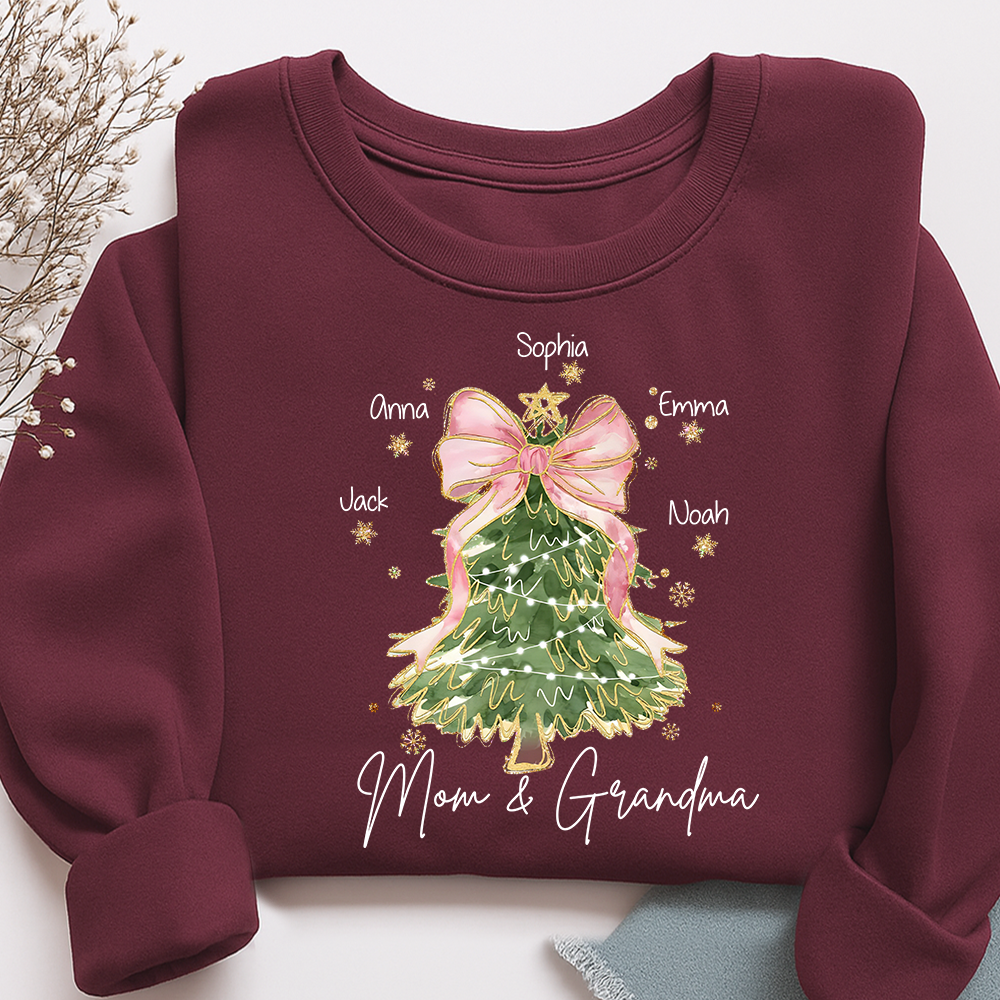 Personalized Mom and Grandma Christmas Sweatshirt, Custom Tree Design with Kids Names