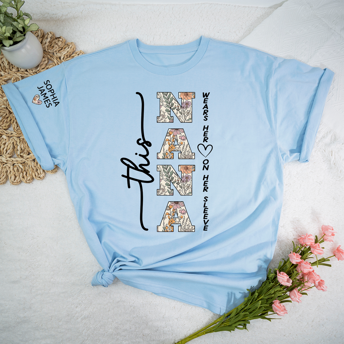 Custom This Nana Wears Her Heart on Her Sleeve Shirt, Floral Design Nana T-Shirt with Kids Names