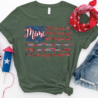 Mimi Floral American Flag Shirt, Custom Grandkids Name Tee, Patriotic Grandma Gift for Nana Mimi Great Grandma