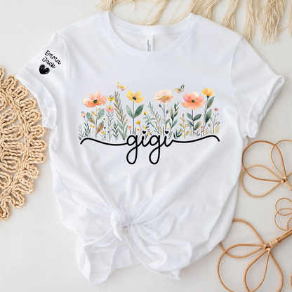 Gigi Floral Shirt, Personalized Grandma Tee with Family Names, Flower Garden Graphic T Shirt, Gift for Gigi from Grandchildren