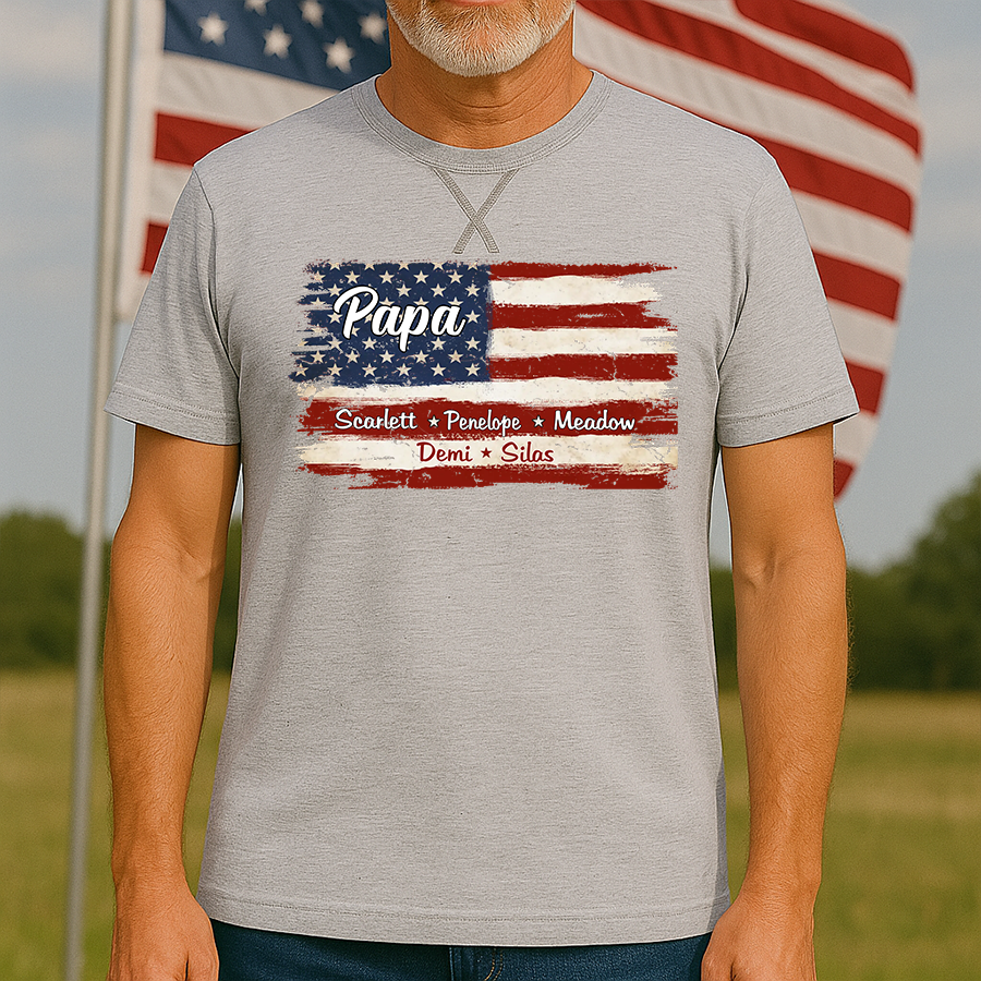 Grandpa With Grandkids Names 4th Of July Flag Classic X-Stitch Tee