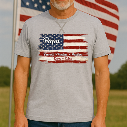 Grandpa With Grandkids Names 4th Of July Flag Classic X-Stitch Tee