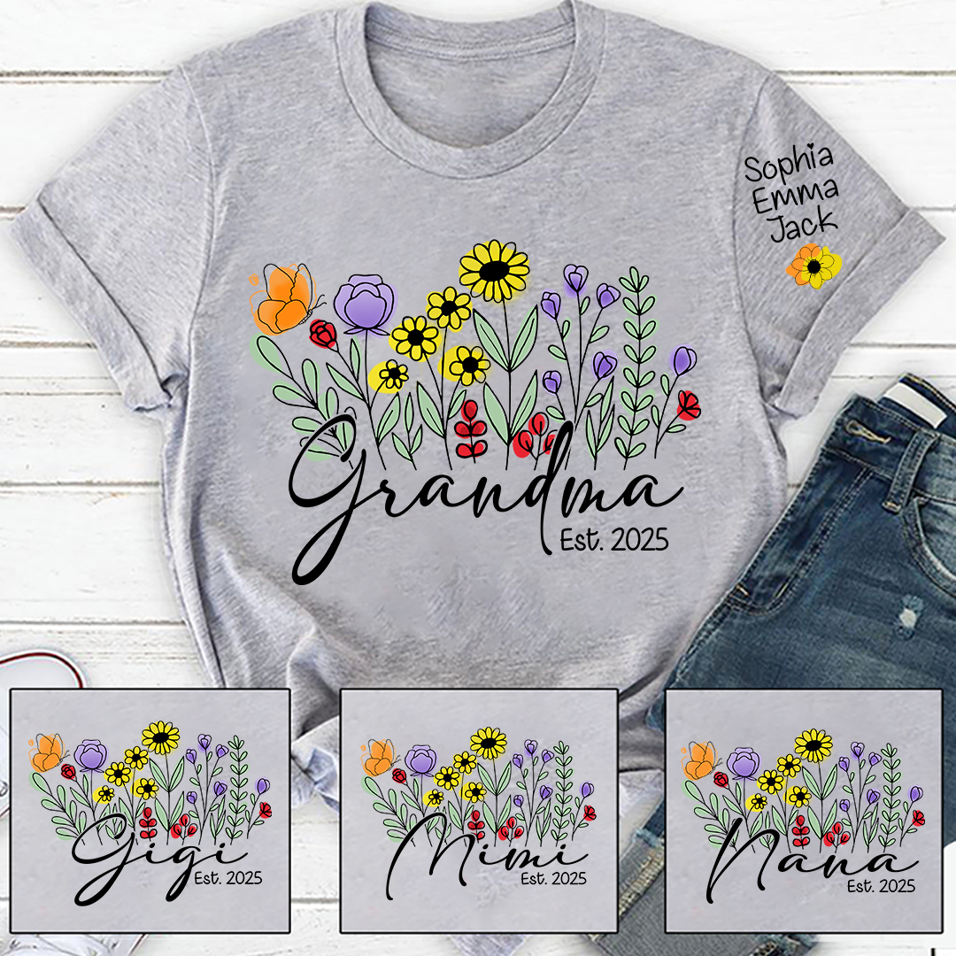 Grandma Est Flower Gift For Family T shirt, Custom Grandma And Kids