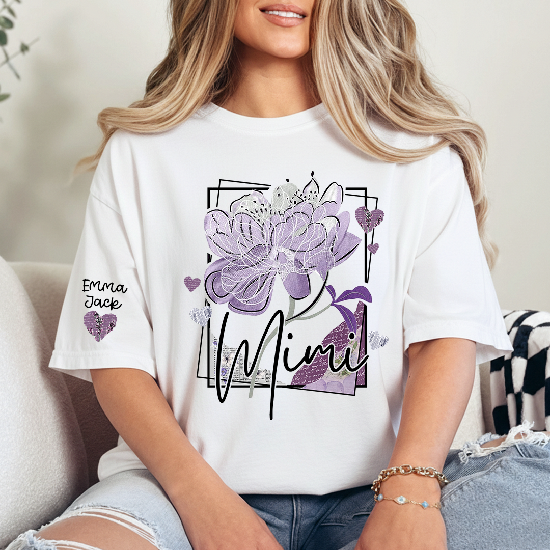 Personalized Mimi Shirt – Floral Mimi T-Shirt with Custom Name and Elegant Purple Design
