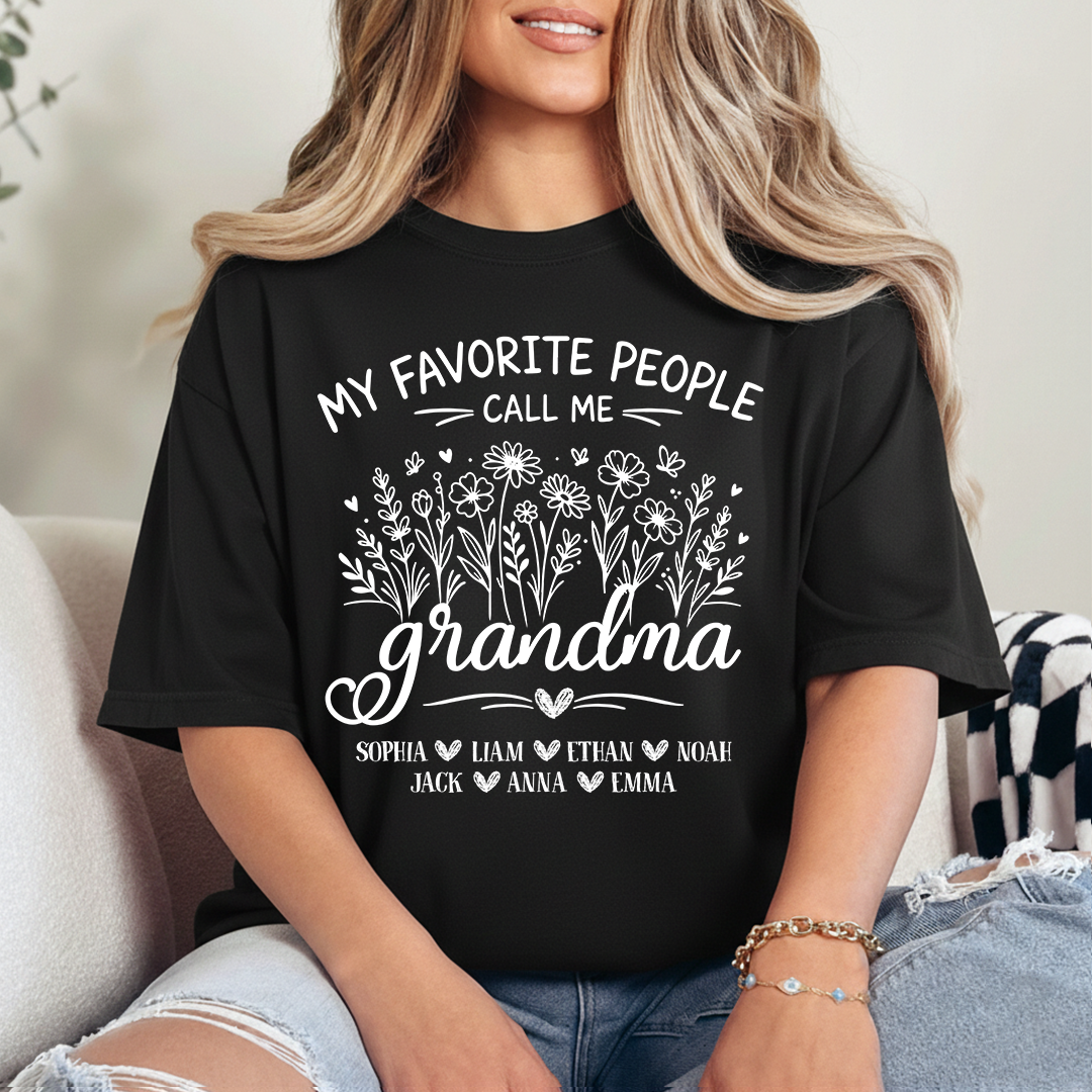 Personalized Grandma T-Shirt, My Favorite People Call Me Grandma Floral Design with Names