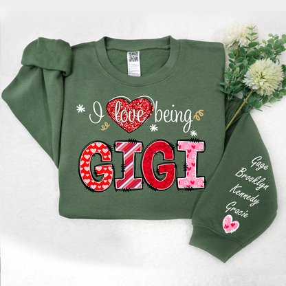 I Love Being Gigi Heart With Grandkids Names On Sleeve Sweatshirt, Personalized Mother's Day Gift