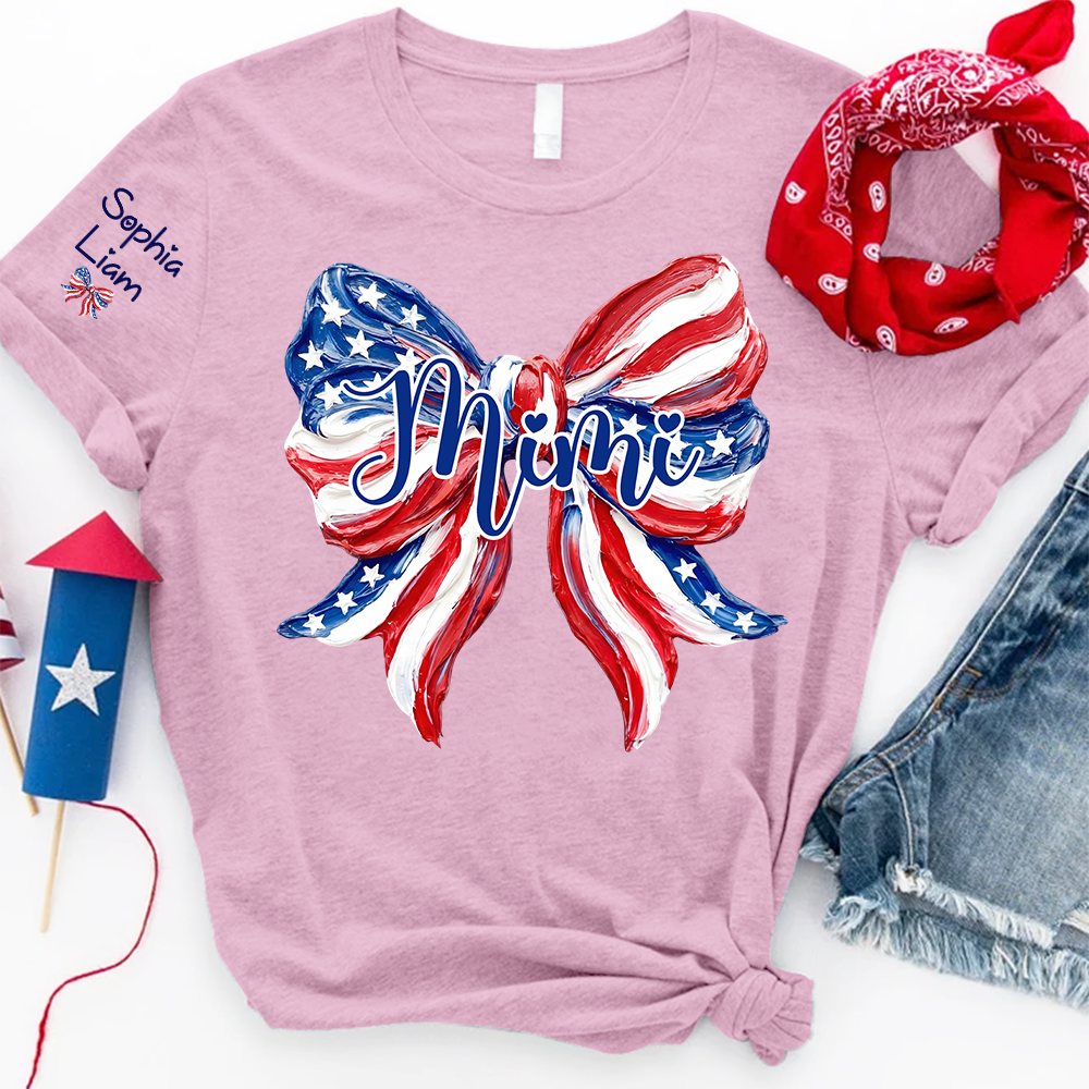 Personalized Mimi Patriotic Bow Shirt, Custom Grandma Tee with Kids Names, Fourth of July Gift for Nana Gigi Women