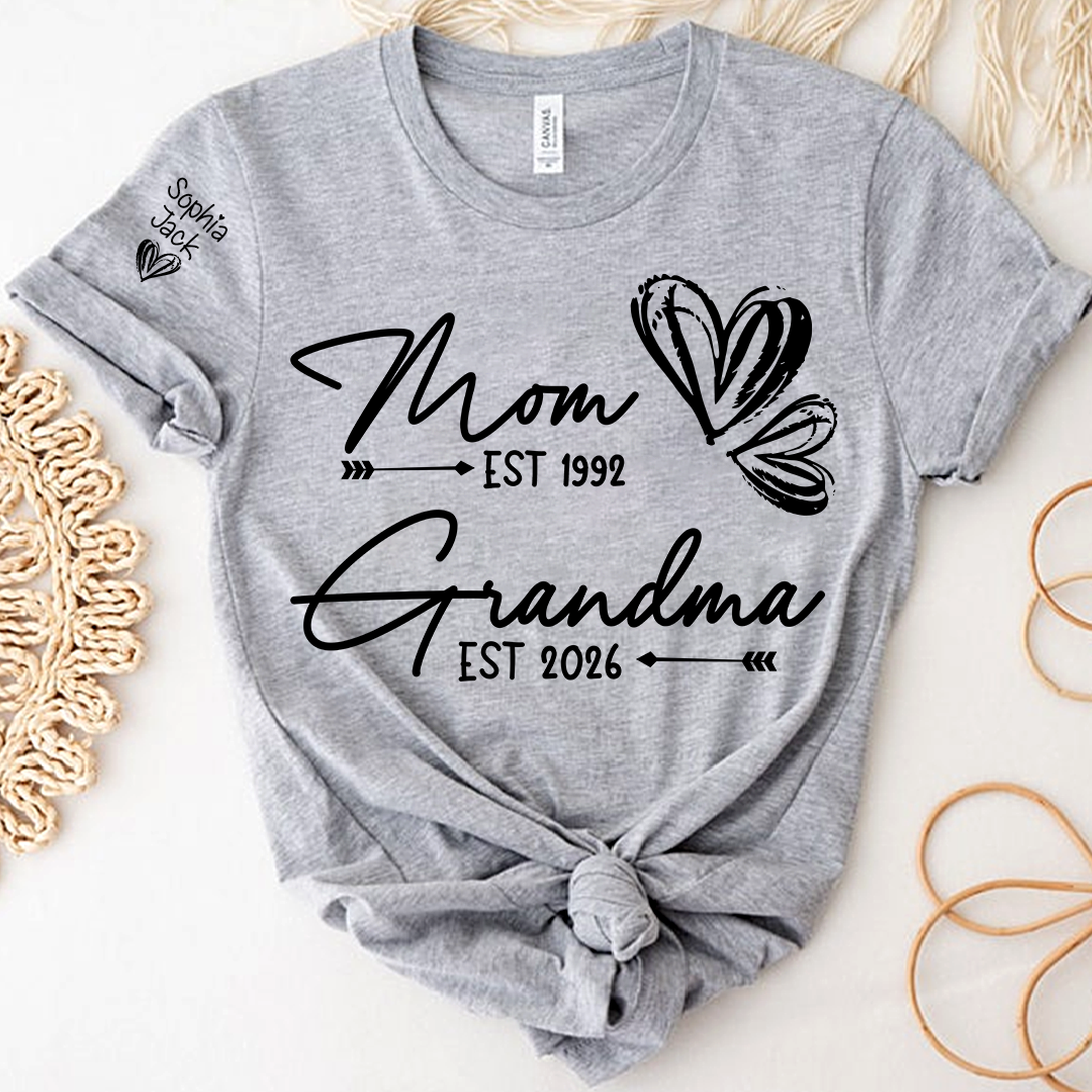 Personalized Heart T-shirt For Mom And Grandma, Founding Year With Name, Family Gift