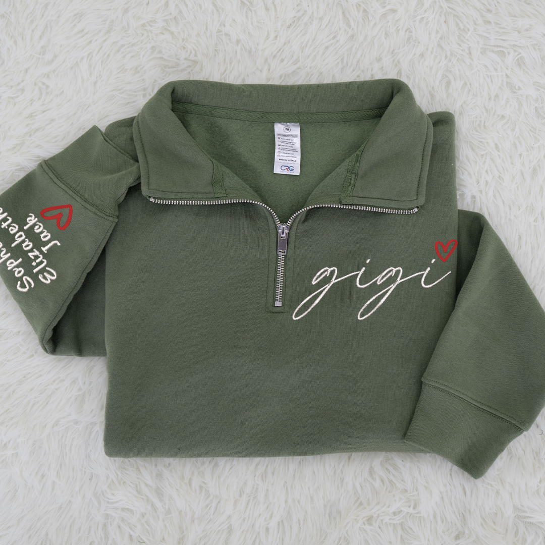 Personalized Hand Embroidered Gigi Est Sweater, Gift for Grandma and Kids Quarter Zip Sweater