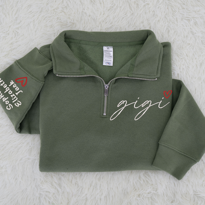 Personalized Hand Embroidered Gigi Est Sweater, Gift for Grandma and Kids Quarter Zip Sweater